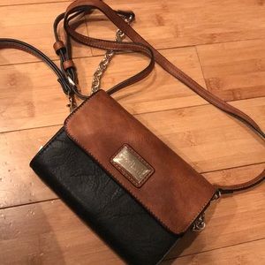 Duo-toned black and brown cross body/clutch